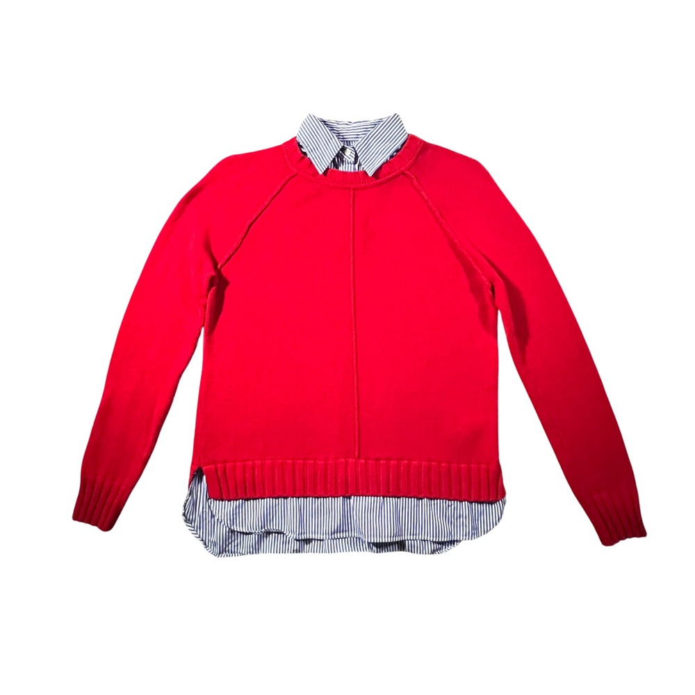 Lauren Ralph Lauren Sweater Womens Large‎ Red Faux Layered Pinstripe Shirt Trim
